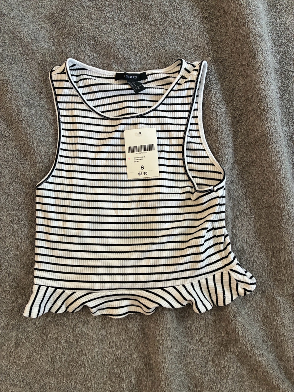 Forever 21 Black and White Striped Ribbed Ruffle Hem Tank Top